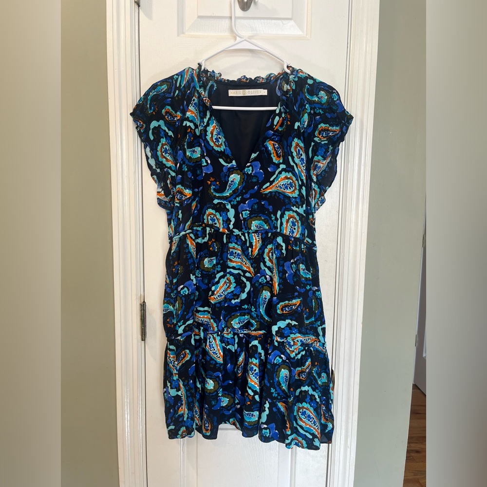Marie Oliver Frida Dress Midnight Paisley Dress Blue Mini Short Sleeve Small b1